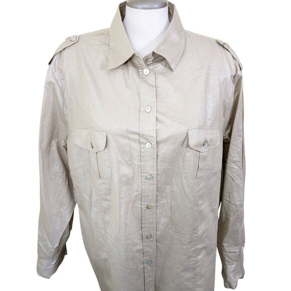 TanJay Womens Plus 20W Button Up Shirt Beige Shimmer Wet Look Pockets Epaulettes - Picture 2 of 8